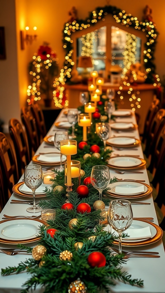 Long Christmas table decorated with garland, candles, and elegant dinnerware.